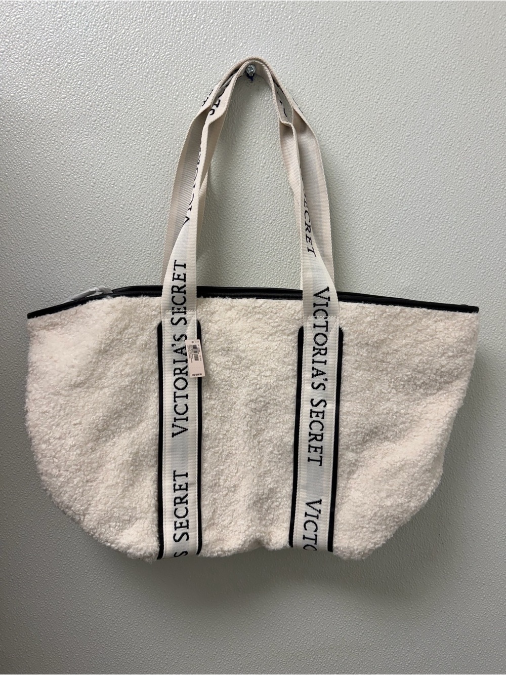 Victoria's Secret Cream Sherpa Tote with Black Lining and Logo Straps